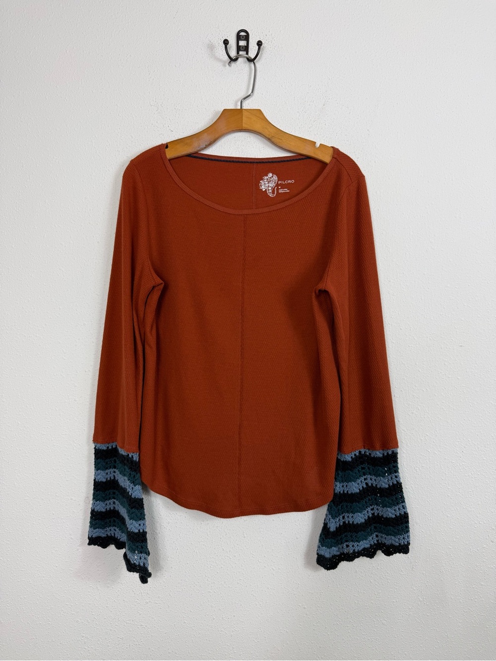 Anthropologie Pilcro Long Sleeve Thermal Waffle Knit Boho Rust Orange Medium